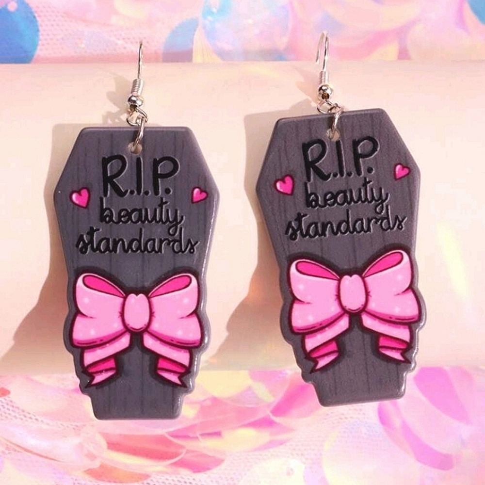 Halloween Single Sided Printed Bowknot & Coffin Shaped Drop Earrings
